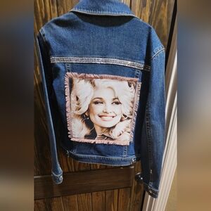 Blue Denim Jacket with Rhinestone Trim and Fringed Portrait Patch